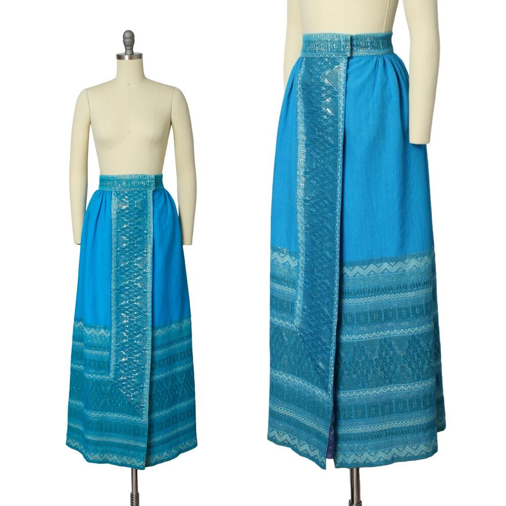 Vintage 1970s Maxi Skirt 70s Guatemalan Hand-Woven Metallic Blue Cotton Wrap